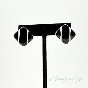 Vintage Black Square with 2 White Stripes Push Back Earrings